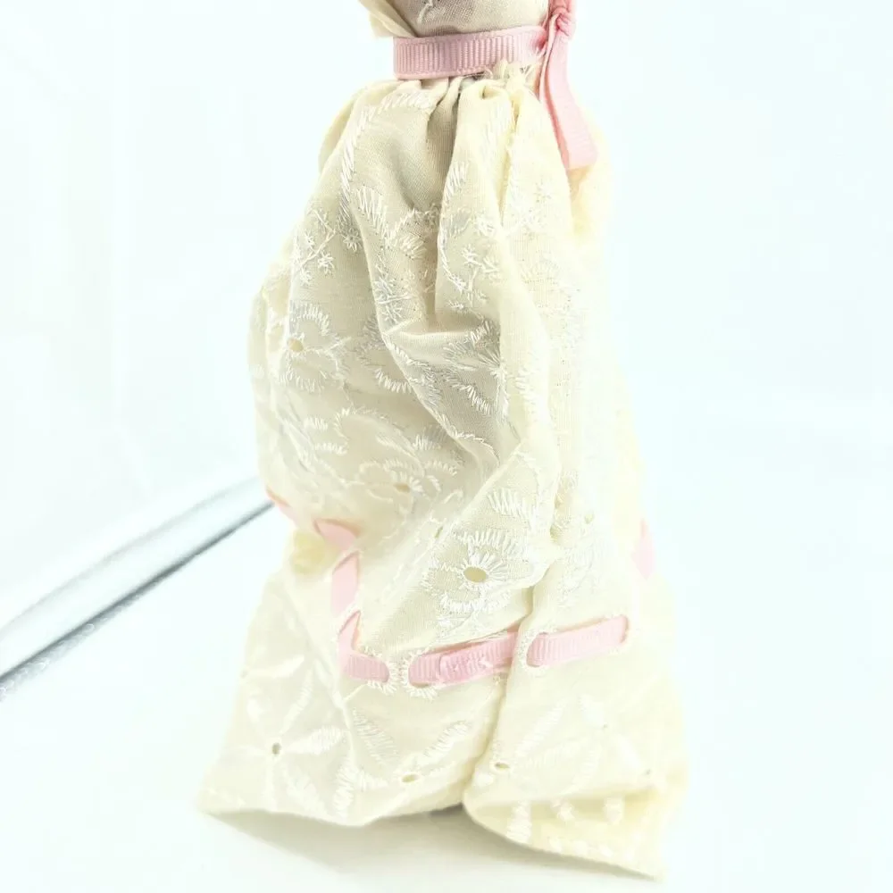 Doll Wearing Vintage White Long Ribbon Tie Up Lace Dress